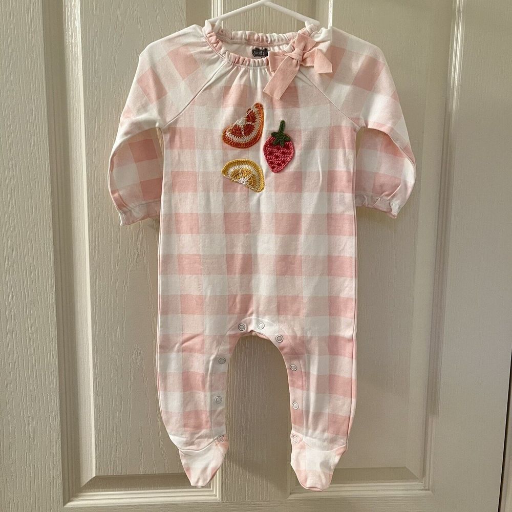 Mud Pie Fruit Applique Sleeper Footie Pink Gingham Girls Size 3-6 Months NWT